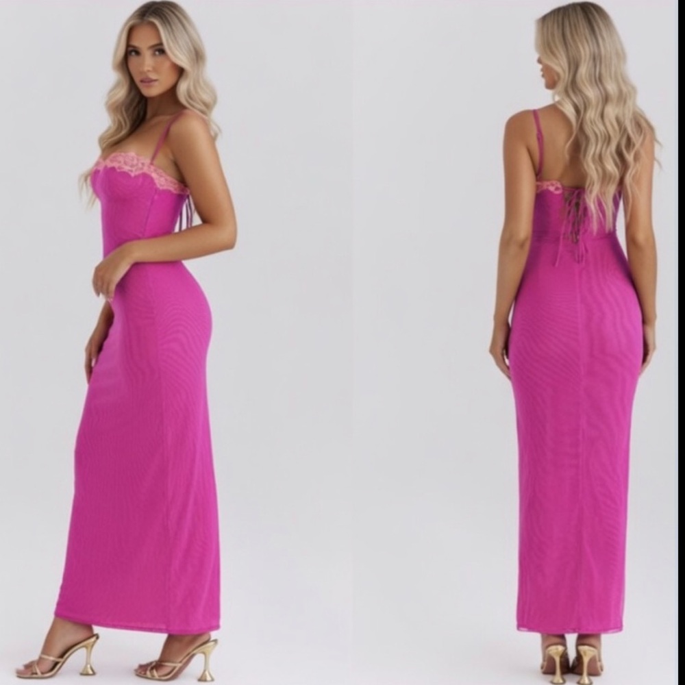 HOUSE OF CB 'Aiza' Raspberry Lace Trimmed Maxi Dress /Size Small US4-6 $255